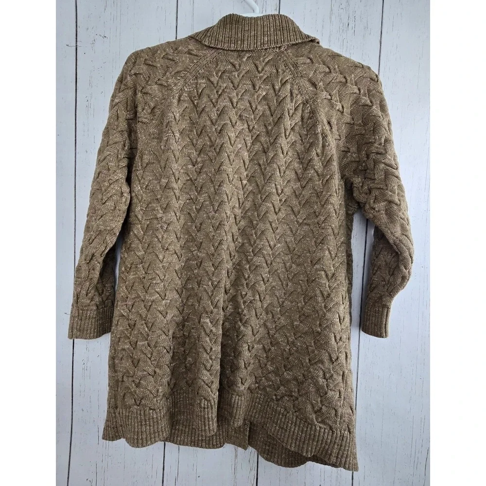 Lands End Drifter Cardigan Sweater Womens 2X Brown Cable Knit Shawl Neck Cotton